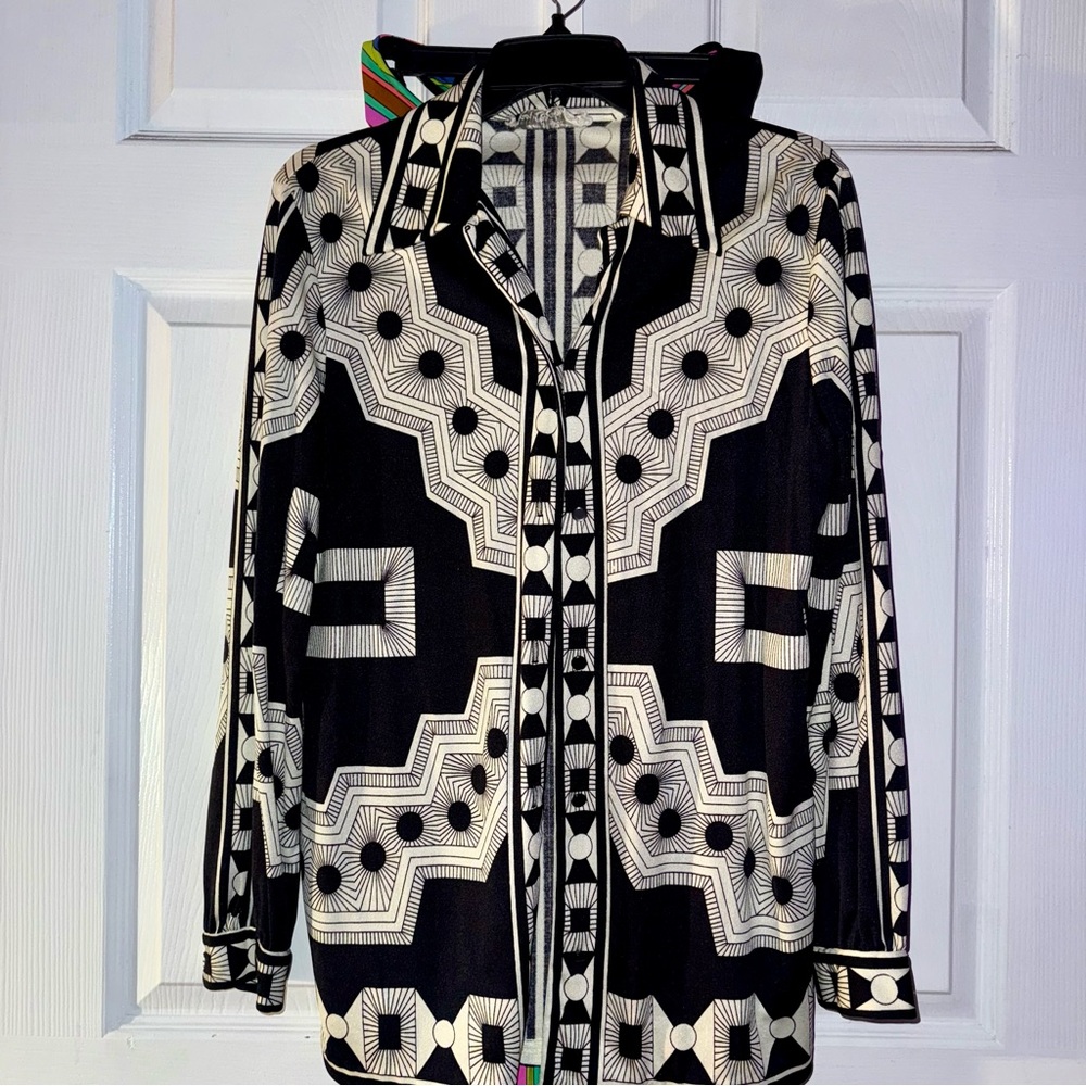 Vintage Black and White Button Down Shirt with Geometric Patterns